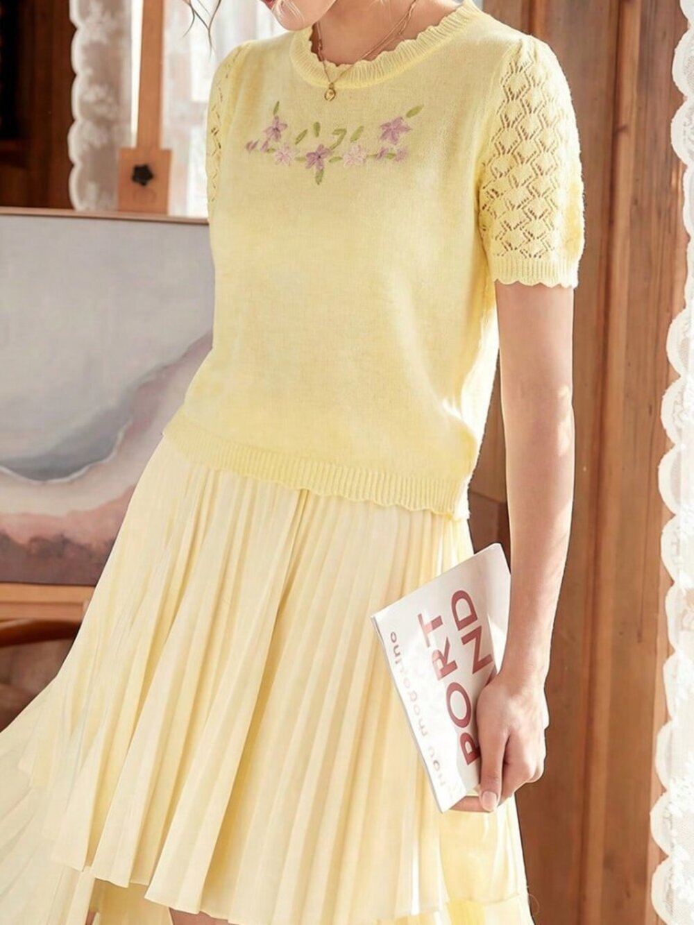 Yellow Elegant Embroidered Casual Women's Short Sleeve Regular Fit T-Shirt